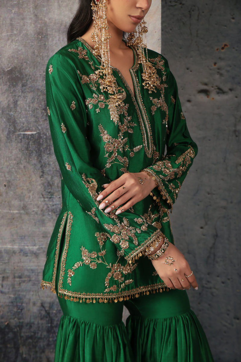 Zar-Rang Green Jaal Sharara Set silk chanderi kurta/kurta set by Niti Bothra in green for women Worldwide