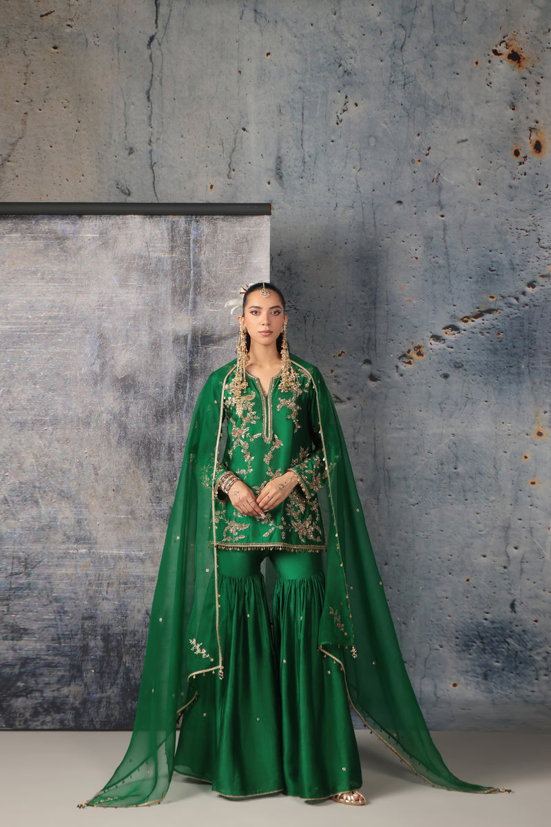 Zar-Rang Green Jaal Sharara Set silk chanderi kurta/kurta set by Niti Bothra in green for women Worldwide
