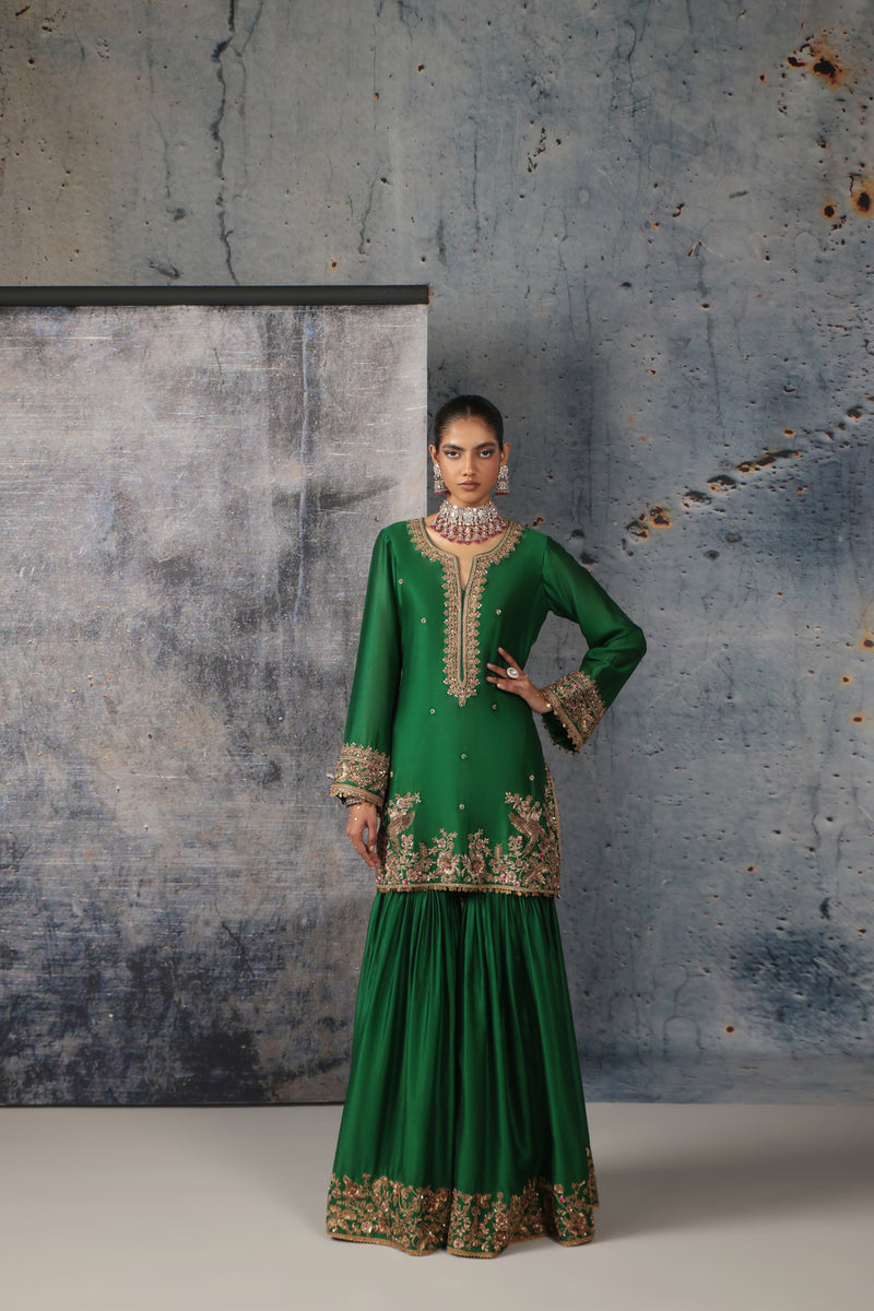 Zar-Rang Green Heavy Sharara Set silk chanderi, organza kurta/kurta set by Niti Bothra in green for women Worldwide