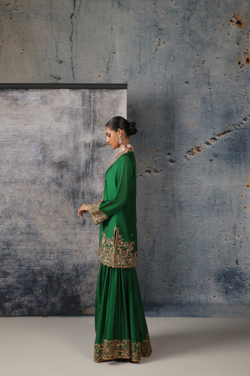 Zar-Rang Green Heavy Sharara Set silk chanderi, organza kurta/kurta set by Niti Bothra in green for women Worldwide