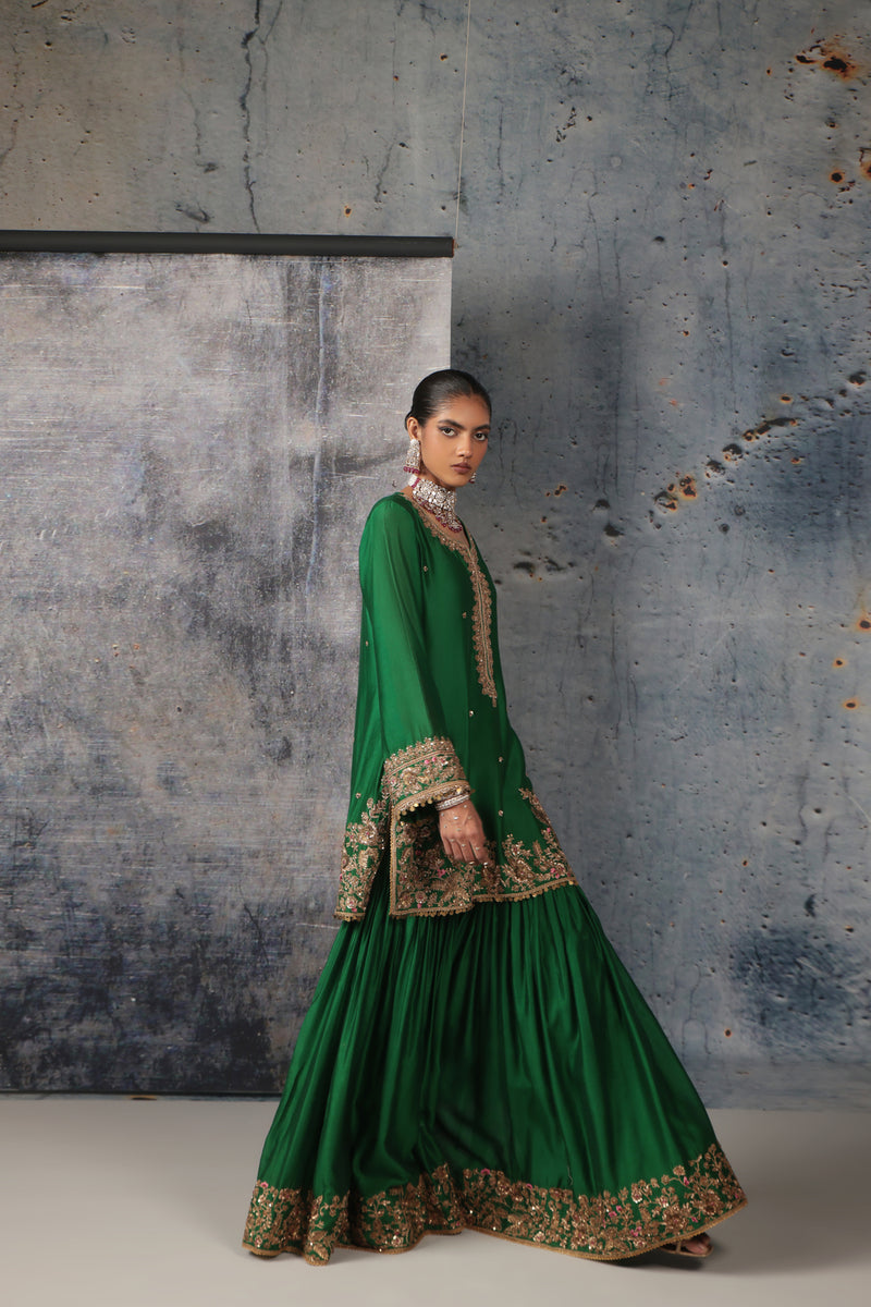 Zar-Rang Green Heavy Sharara Set silk chanderi, organza kurta/kurta set by Niti Bothra in green for women Worldwide