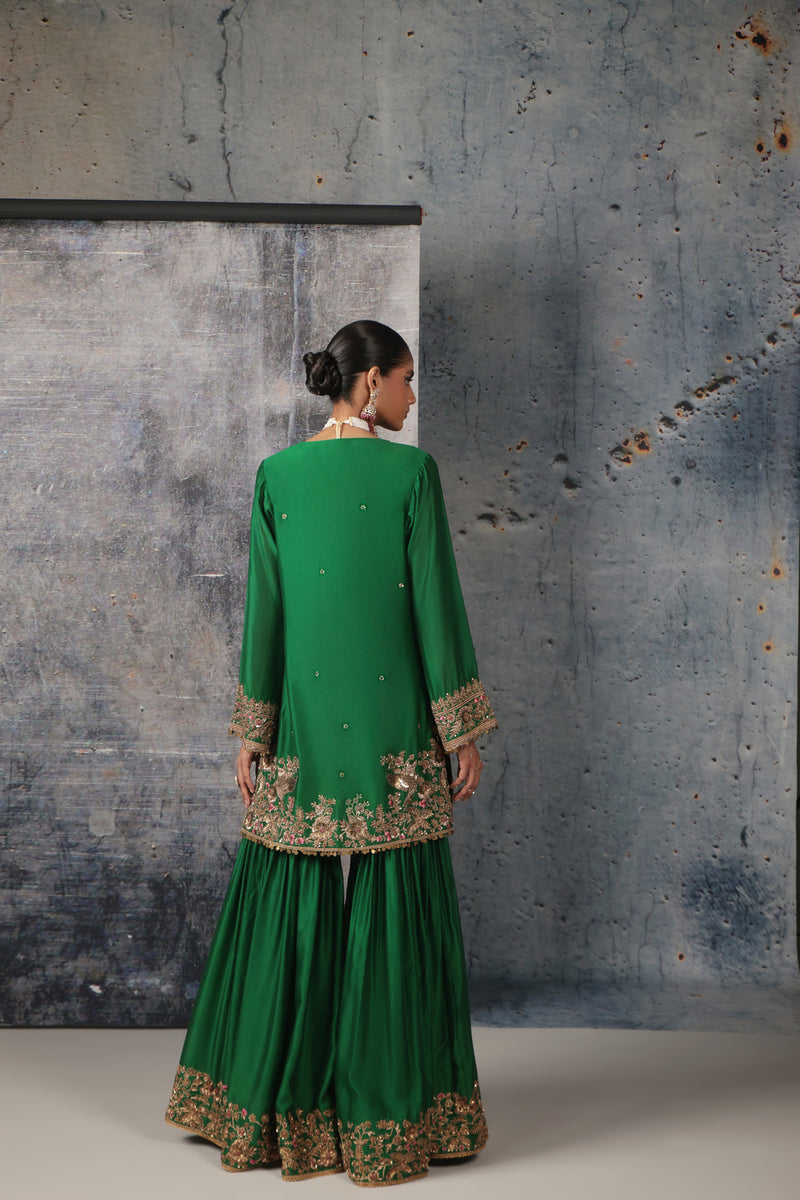 Zar-Rang Green Heavy Sharara Set silk chanderi, organza kurta/kurta set by Niti Bothra in green for women Worldwide