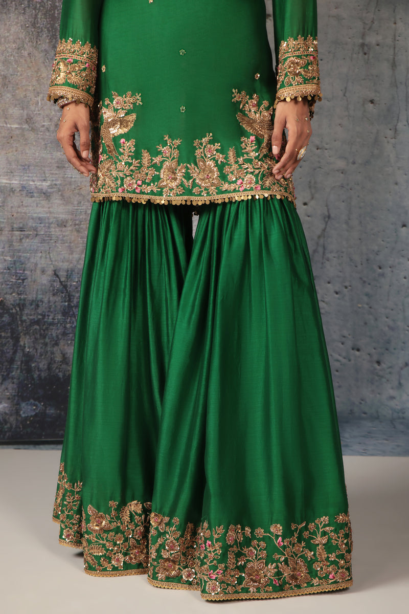 Zar-Rang Green Heavy Sharara Set silk chanderi, organza kurta/kurta set by Niti Bothra in green for women Worldwide