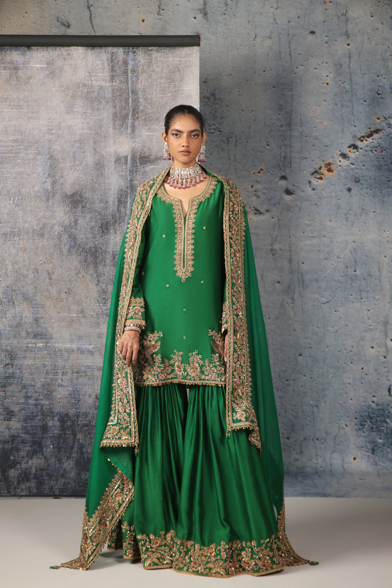 Zar-Rang Green Heavy Sharara Set silk chanderi, organza kurta/kurta set by Niti Bothra in green for women Worldwide