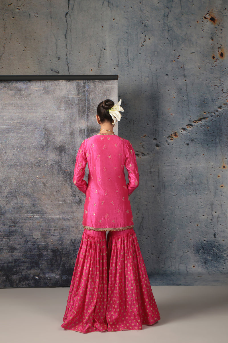 Zar-Rang Pink Buti Sharara Set kora silk, organza kurta/kurta set by Niti Bothra in pink for women Worldwide