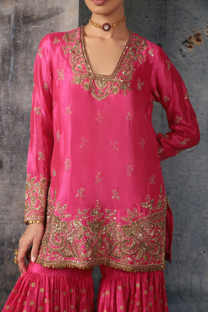 Zar-Rang Pink Buti Sharara Set kora silk, organza kurta/kurta set by Niti Bothra in pink for women Worldwide
