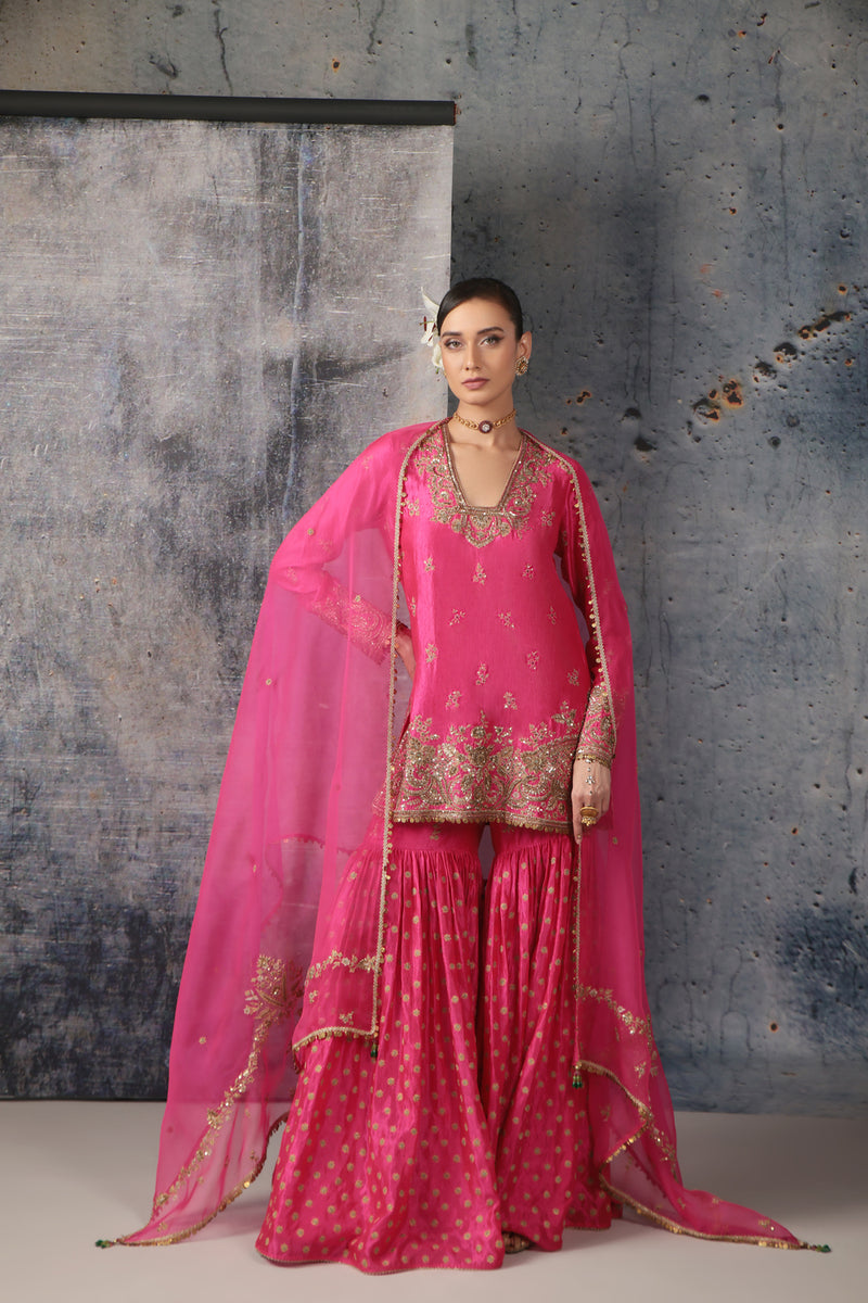 Zar-Rang Pink Buti Sharara Set kora silk, organza kurta/kurta set by Niti Bothra in pink for women Worldwide