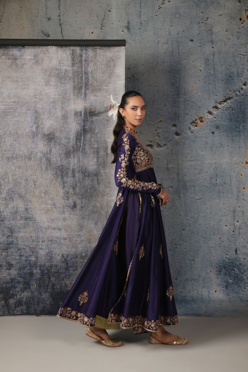 Zar-Rang Purple Kalidaar Set silk chanderi, organza kurta/kurta set by Niti Bothra in purple for women Worldwide