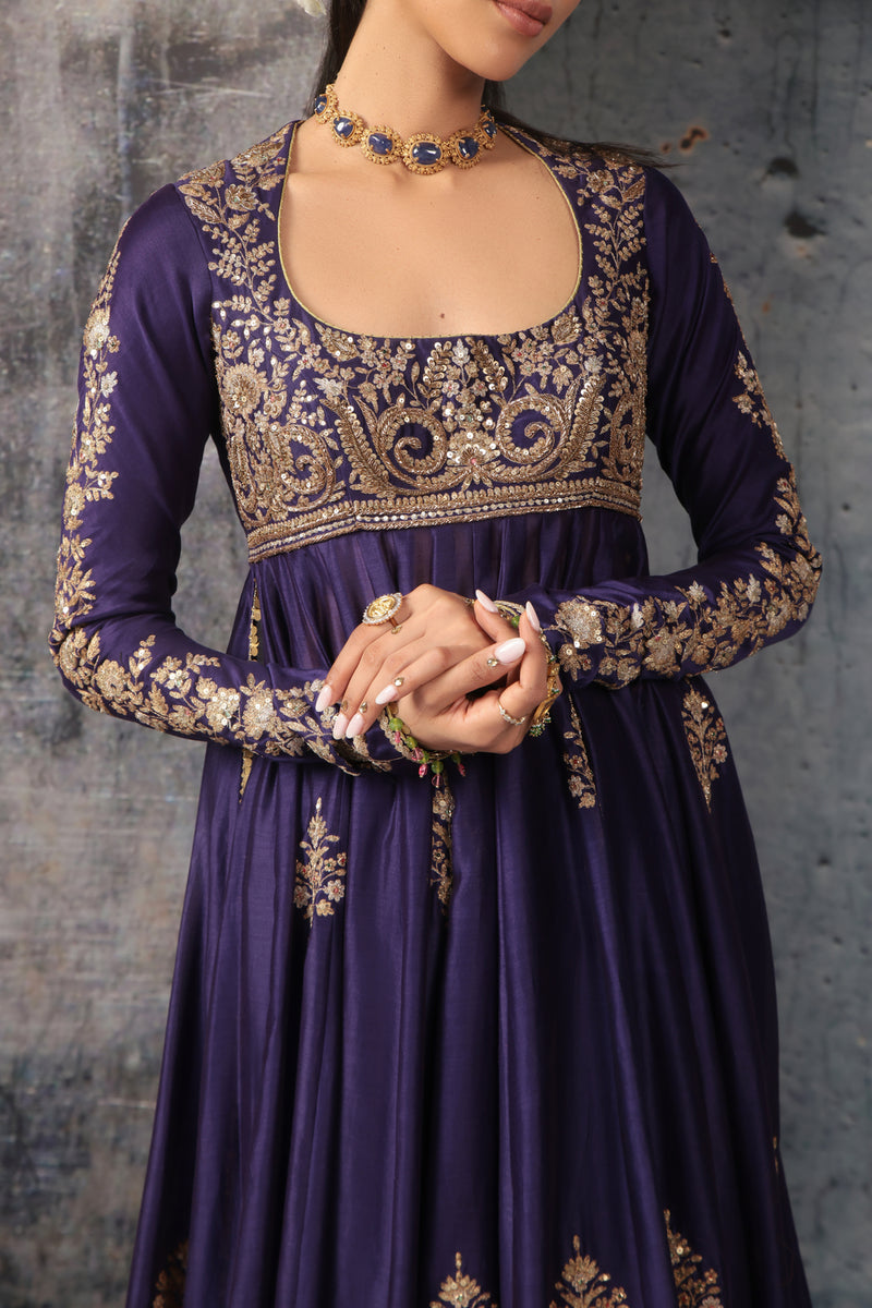 Zar-Rang Purple Kalidaar Set silk chanderi, organza kurta/kurta set by Niti Bothra in purple for women Worldwide