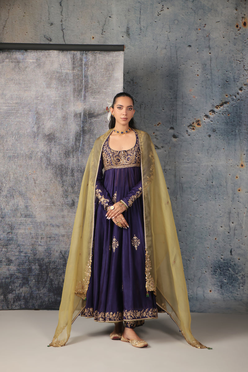 Zar-Rang Purple Kalidaar Set silk chanderi, organza kurta/kurta set by Niti Bothra in purple for women Worldwide