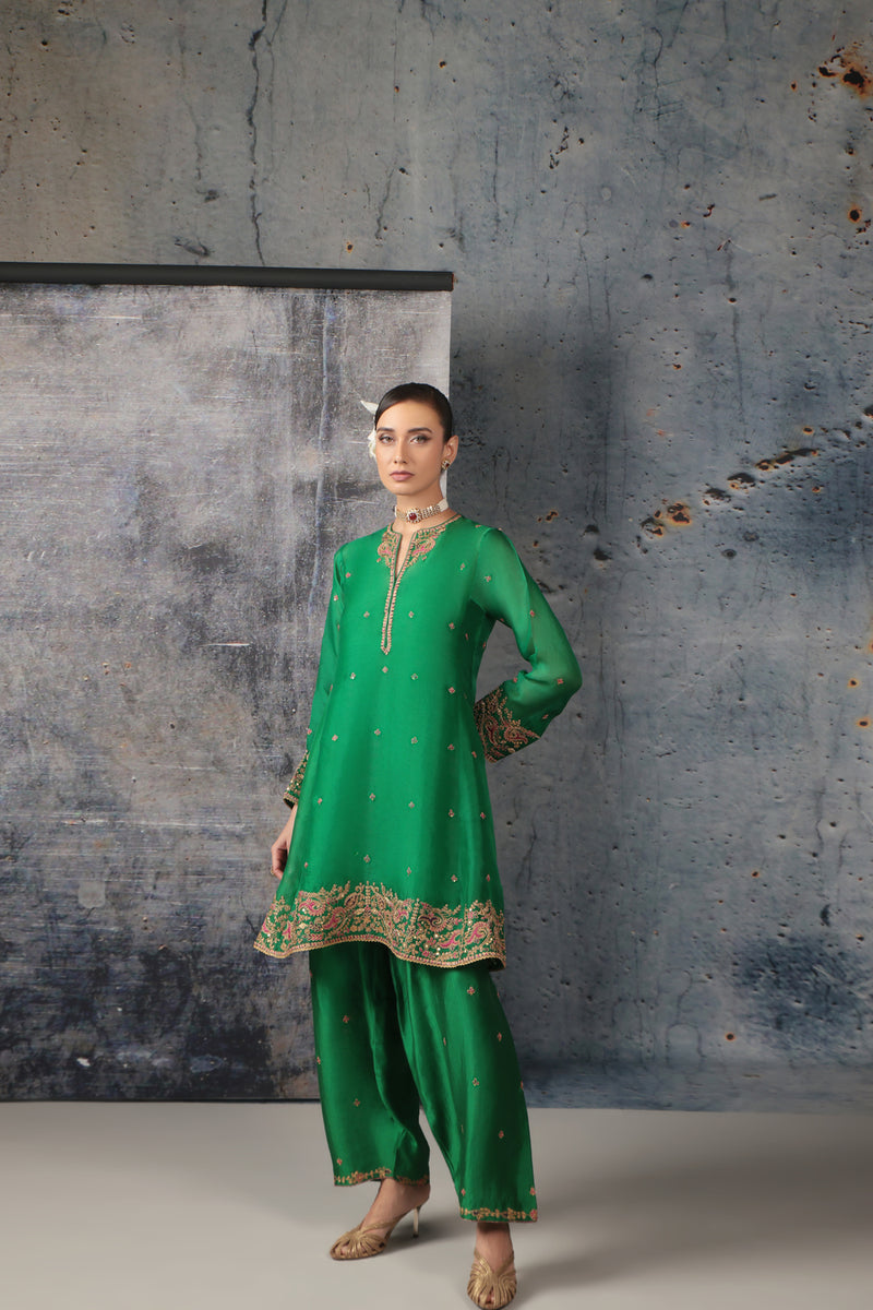 Zar-Rang Green Short Pheran Kurta Set organza, silk tencel kurta/kurta set by Niti Bothra in green for women Worldwide
