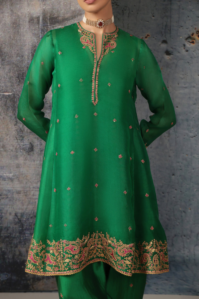 Zar-Rang Green Short Pheran Kurta Set organza, silk tencel kurta/kurta set by Niti Bothra in green for women Worldwide