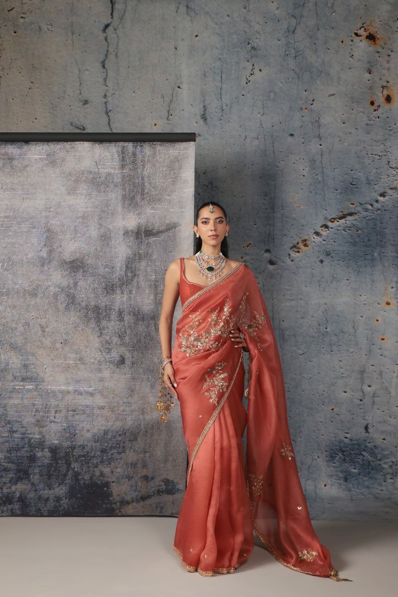 Zar-Rang Orange Zardosi Saree Set organza, net sarees by Niti Bothra in orange for women Worldwide