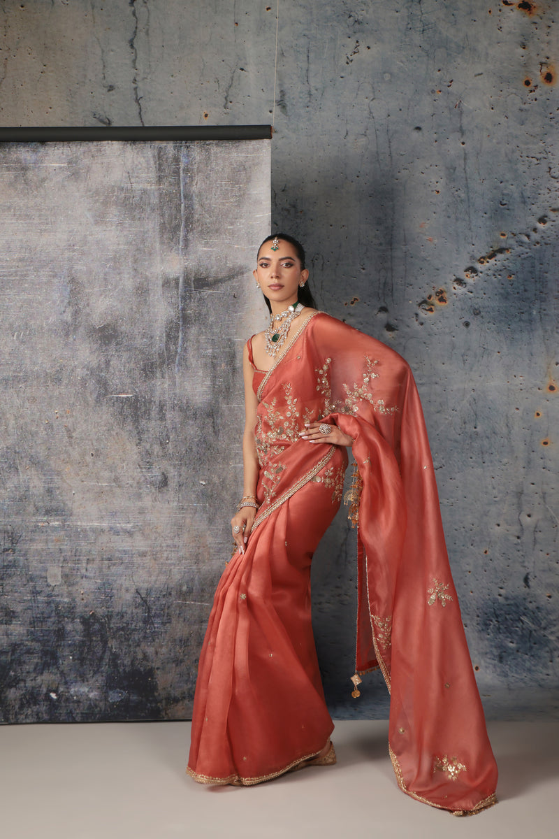 Zar-Rang Orange Zardosi Saree Set organza, net sarees by Niti Bothra in orange for women Worldwide