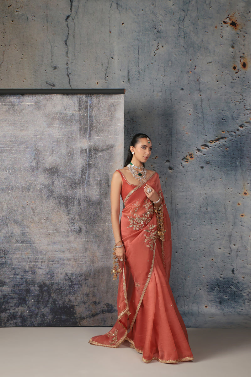 Zar-Rang Orange Zardosi Saree Set organza, net sarees by Niti Bothra in orange for women Worldwide