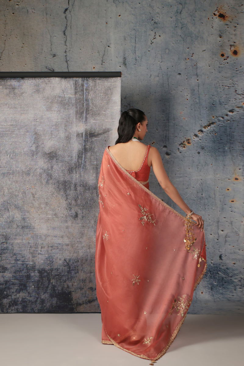 Zar-Rang Orange Zardosi Saree Set organza, net sarees by Niti Bothra in orange for women Worldwide