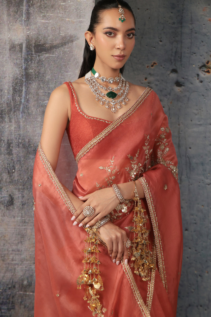 Zar-Rang Orange Zardosi Saree Set organza, net sarees by Niti Bothra in orange for women Worldwide