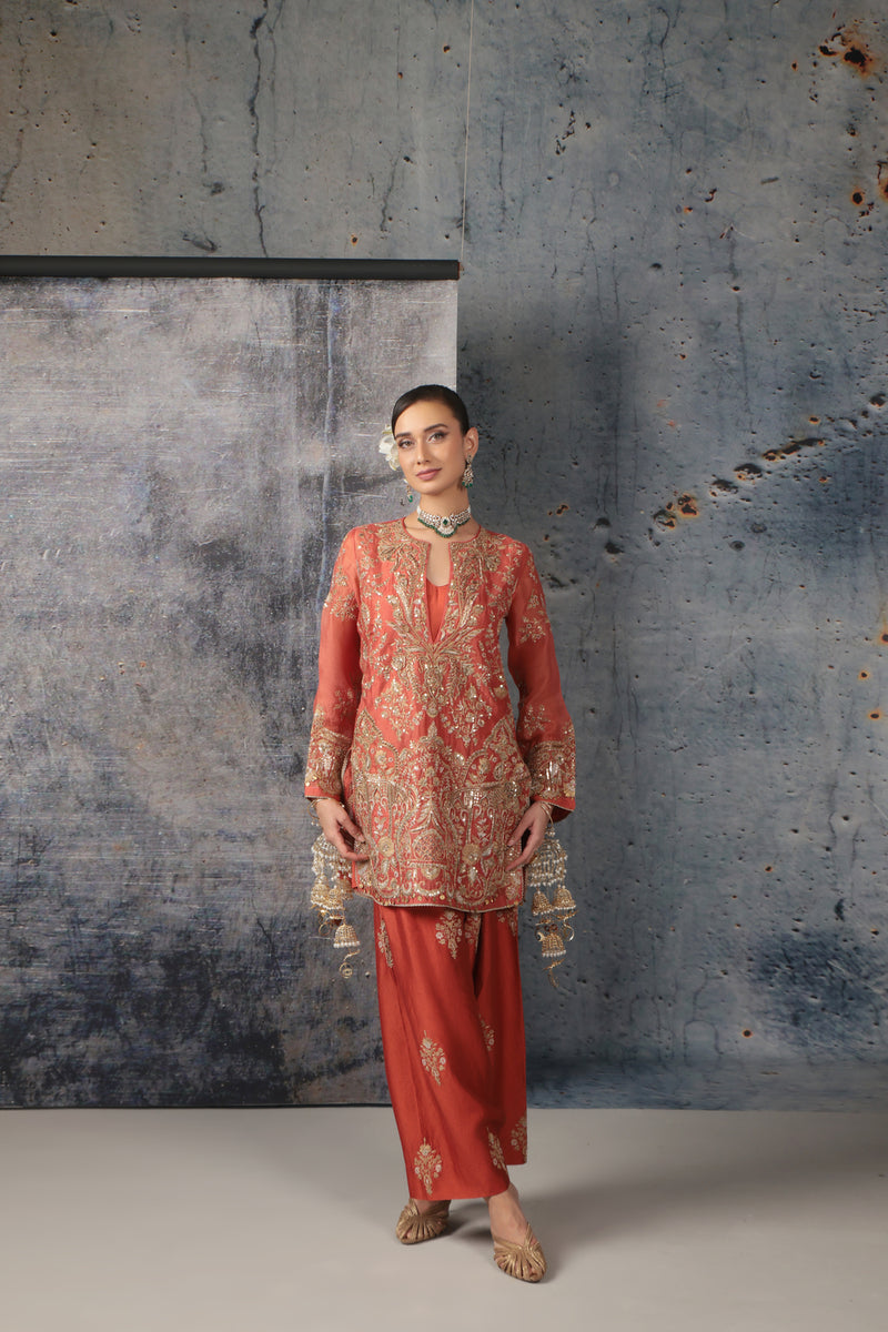 Zar-Rang Jaal Farshi Kurta Set organza, silk tencel kurta/kurta set by Niti Bothra in orange for women Worldwide