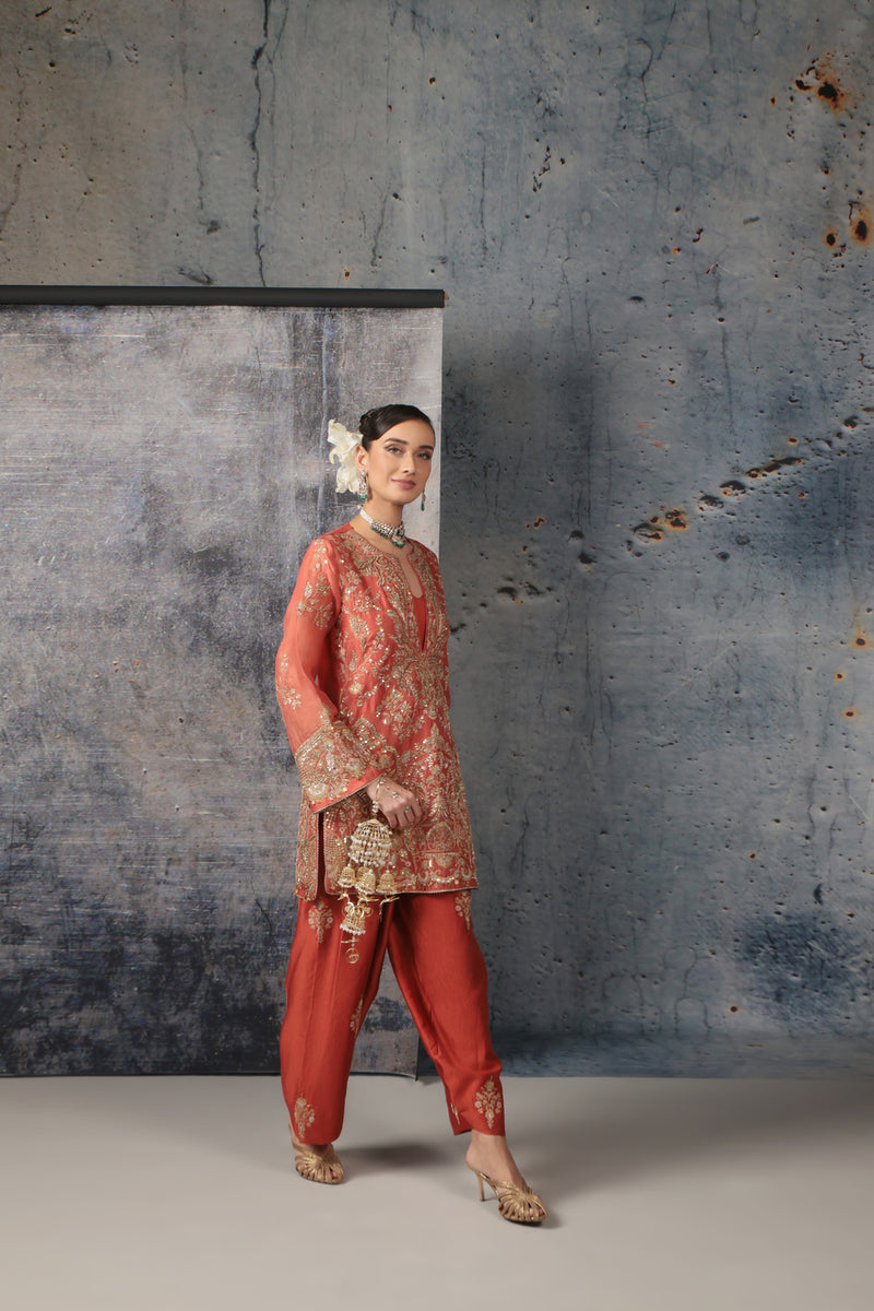 Zar-Rang Jaal Farshi Kurta Set organza, silk tencel kurta/kurta set by Niti Bothra in orange for women Worldwide