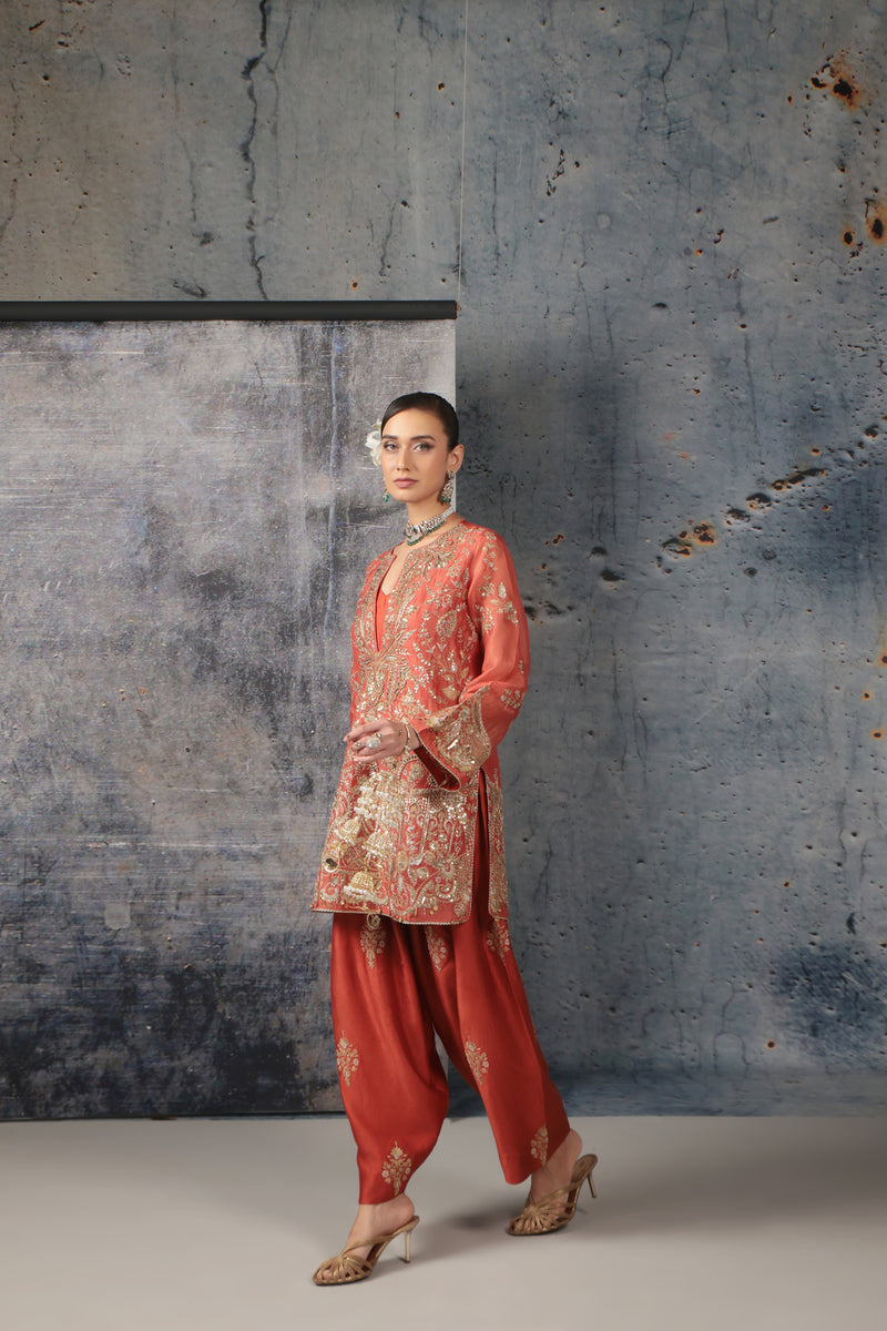 Zar-Rang Jaal Farshi Kurta Set organza, silk tencel kurta/kurta set by Niti Bothra in orange for women Worldwide