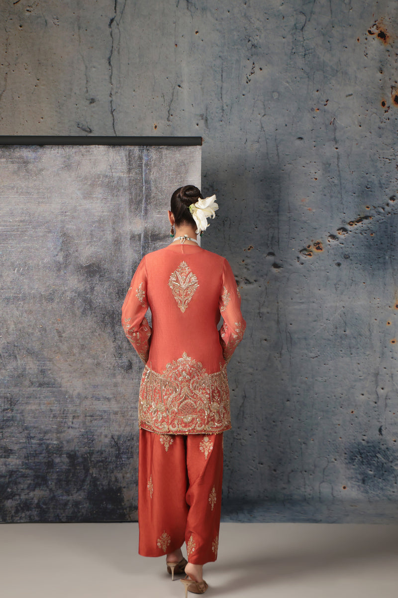 Zar-Rang Jaal Farshi Kurta Set organza, silk tencel kurta/kurta set by Niti Bothra in orange for women Worldwide