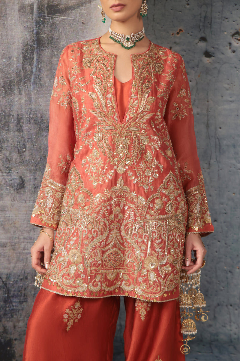 Zar-Rang Jaal Farshi Kurta Set organza, silk tencel kurta/kurta set by Niti Bothra in orange for women Worldwide