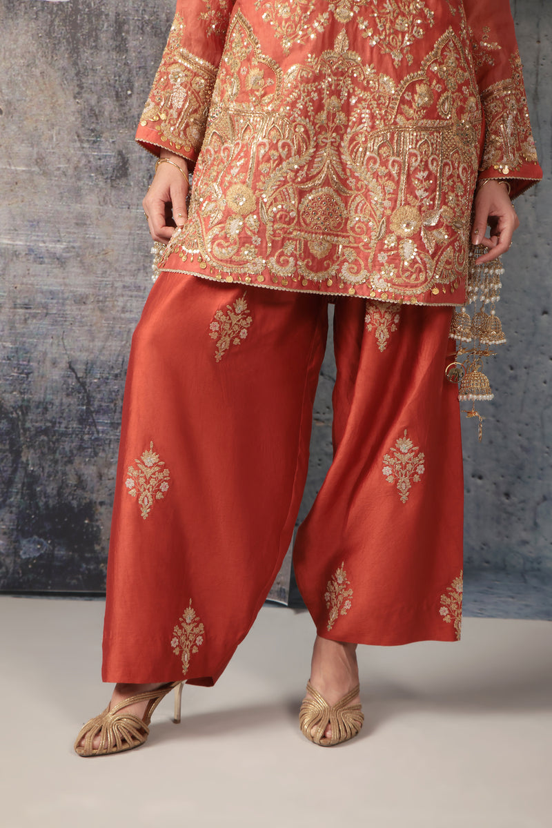 Zar-Rang Jaal Farshi Kurta Set organza, silk tencel kurta/kurta set by Niti Bothra in orange for women Worldwide