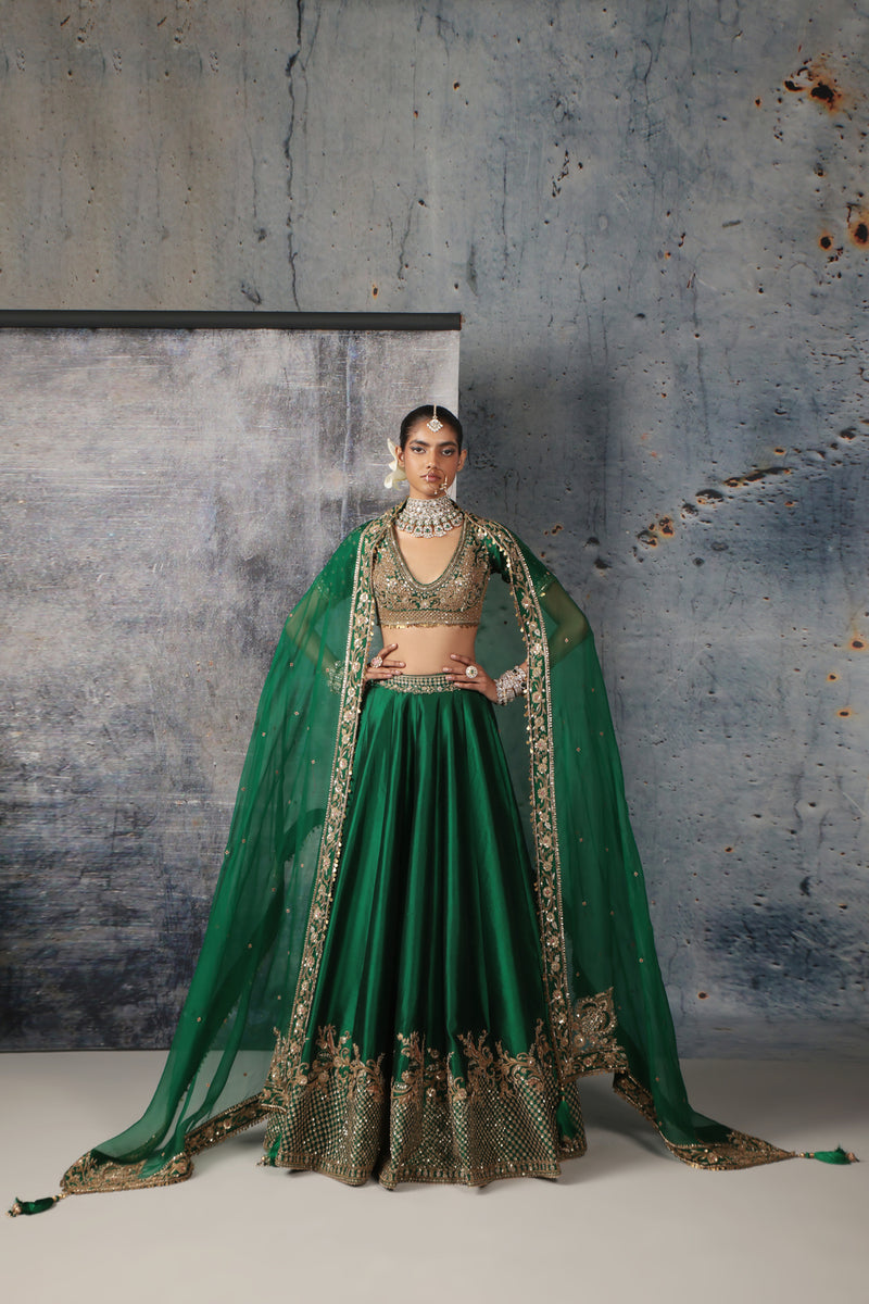Zar-Rang Green Zardosi Lehenga Set kora silk, organza lehenga sets by Niti Bothra in green for women Worldwide