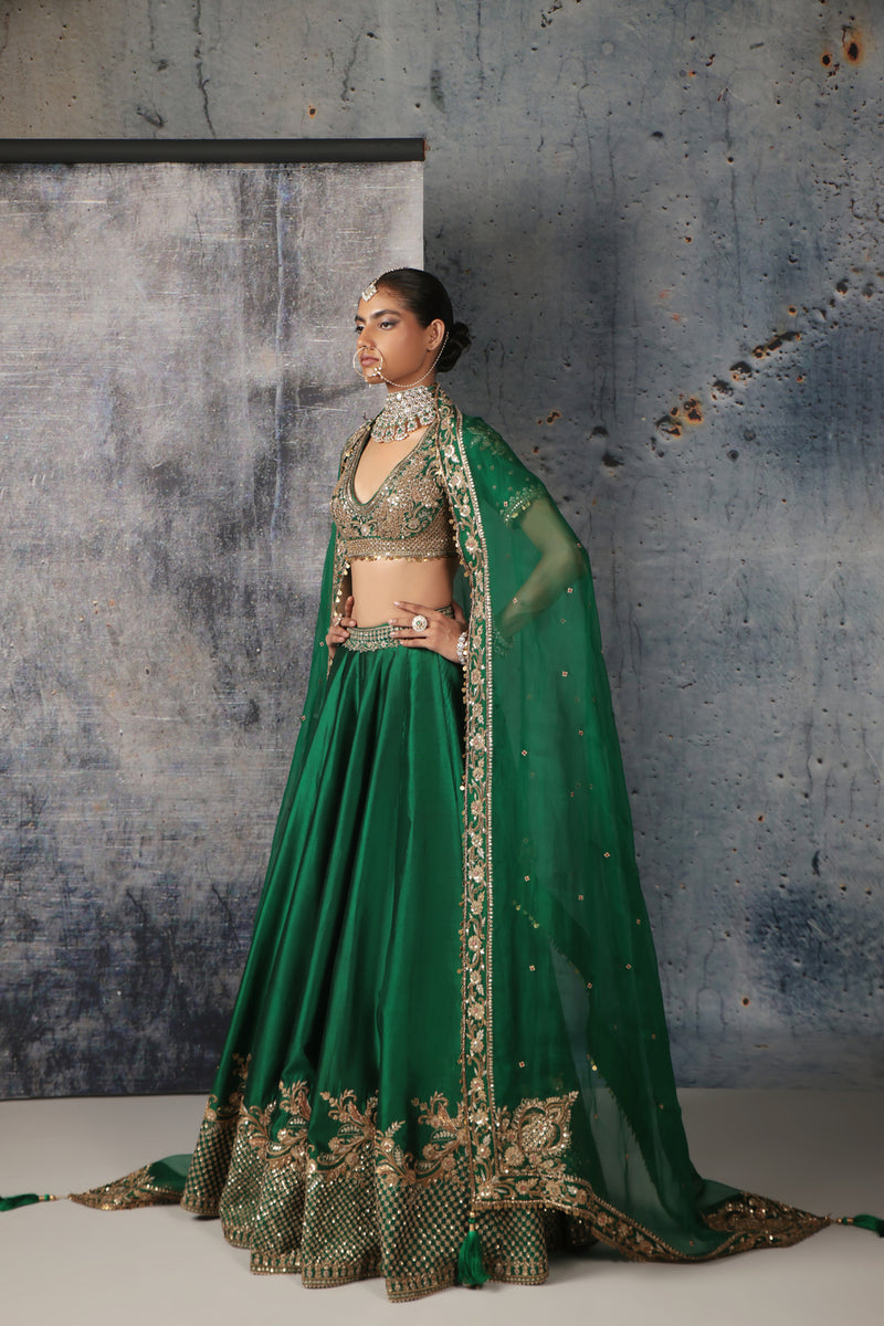 Zar-Rang Green Zardosi Lehenga Set kora silk, organza lehenga sets by Niti Bothra in green for women Worldwide