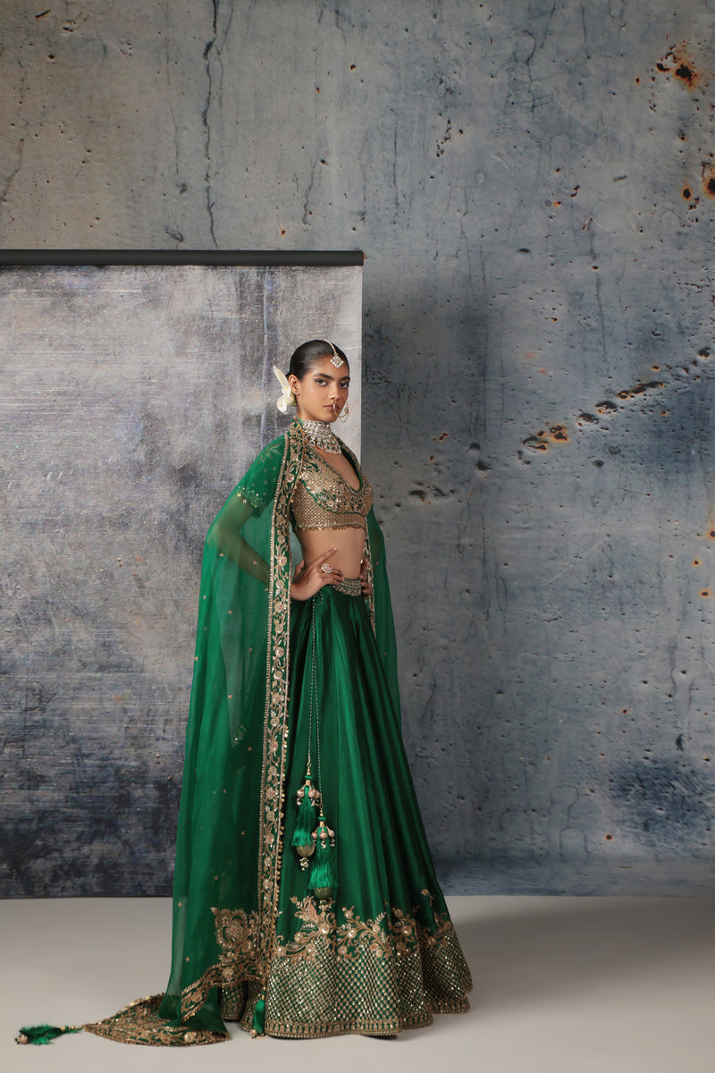 Zar-Rang Green Zardosi Lehenga Set kora silk, organza lehenga sets by Niti Bothra in green for women Worldwide