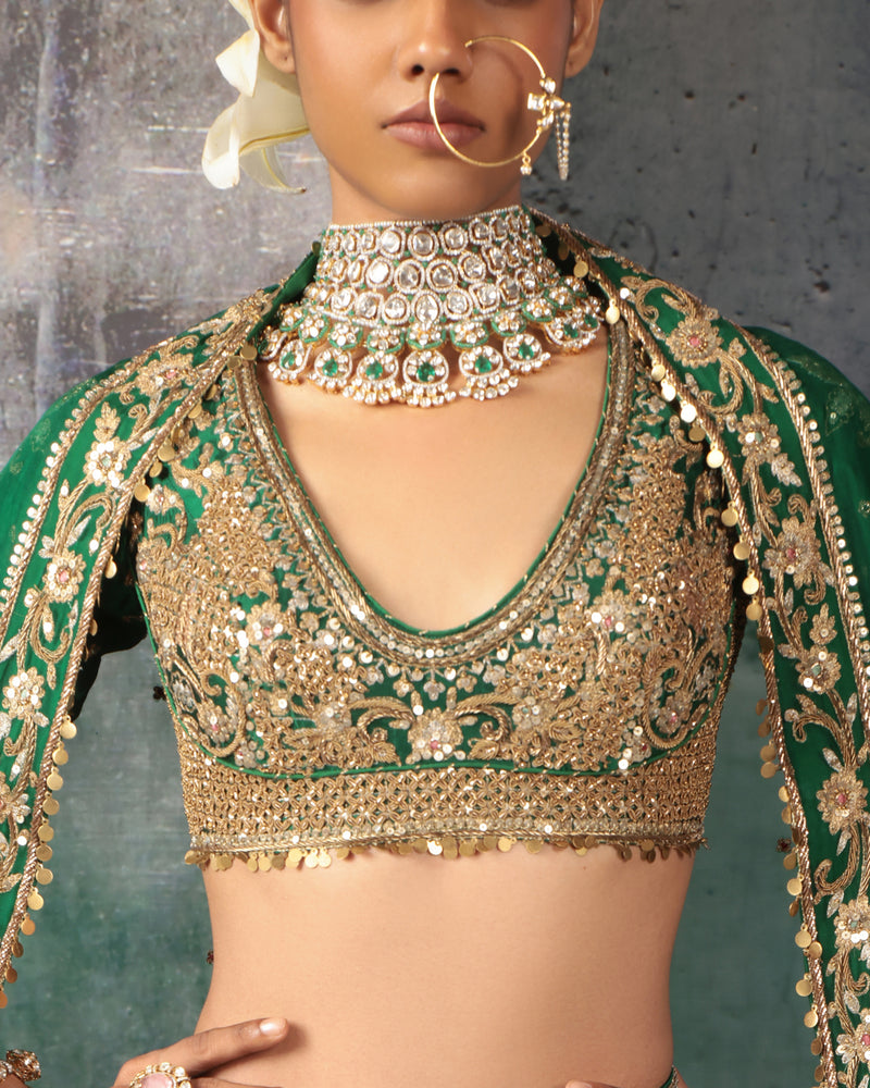 Zar-Rang Green Zardosi Lehenga Set kora silk, organza lehenga sets by Niti Bothra in green for women Worldwide