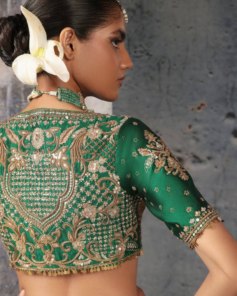 Zar-Rang Green Zardosi Lehenga Set kora silk, organza lehenga sets by Niti Bothra in green for women Worldwide