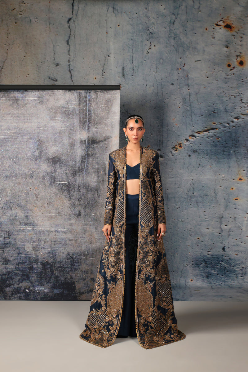 Zar-Rang Blue Long Jacket Set organza, silk tencel indowestern by Niti Bothra in blue for women Worldwide