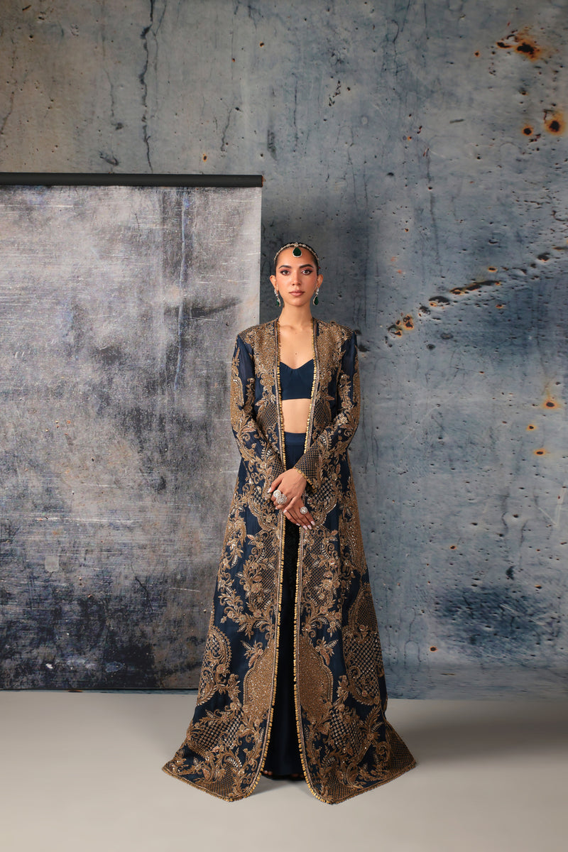 Zar-Rang Blue Long Jacket Set organza, silk tencel indowestern by Niti Bothra in blue for women Worldwide