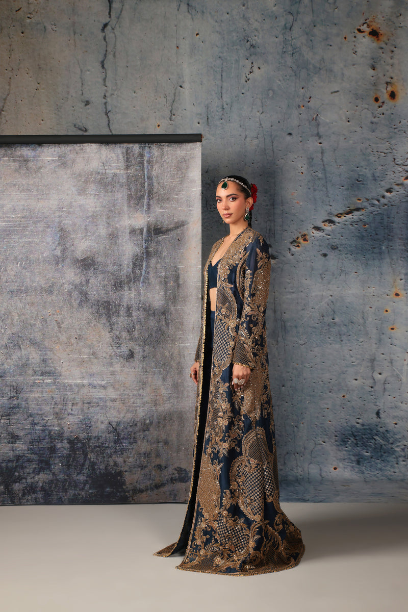 Zar-Rang Blue Long Jacket Set organza, silk tencel indowestern by Niti Bothra in blue for women Worldwide