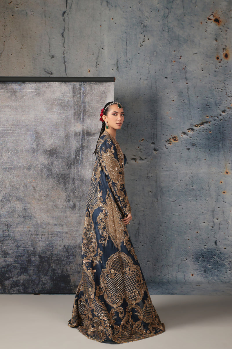 Zar-Rang Blue Long Jacket Set organza, silk tencel indowestern by Niti Bothra in blue for women Worldwide