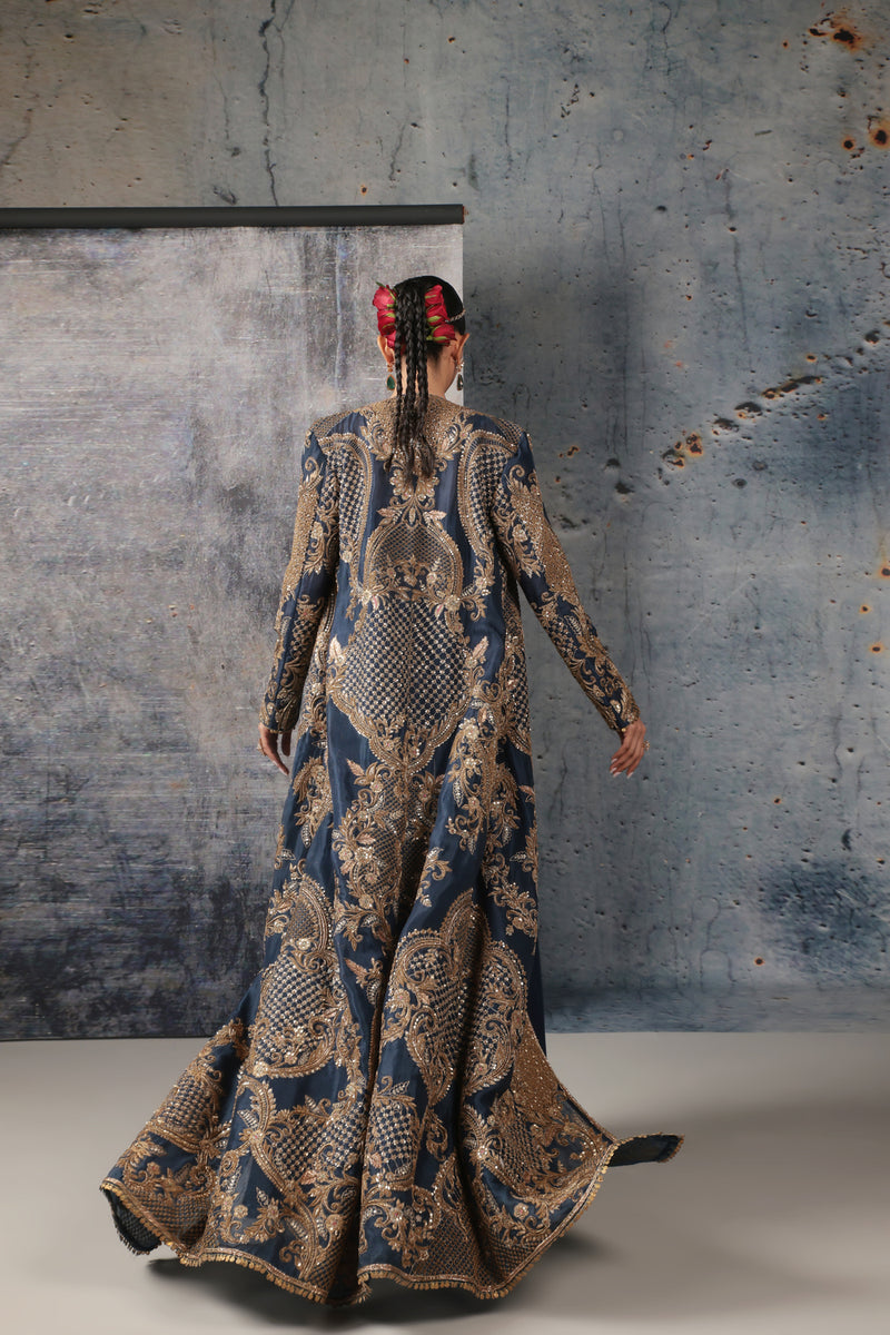 Zar-Rang Blue Long Jacket Set organza, silk tencel indowestern by Niti Bothra in blue for women Worldwide