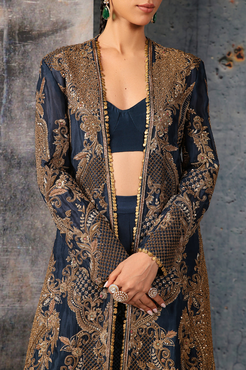 Zar-Rang Blue Long Jacket Set organza, silk tencel indowestern by Niti Bothra in blue for women Worldwide