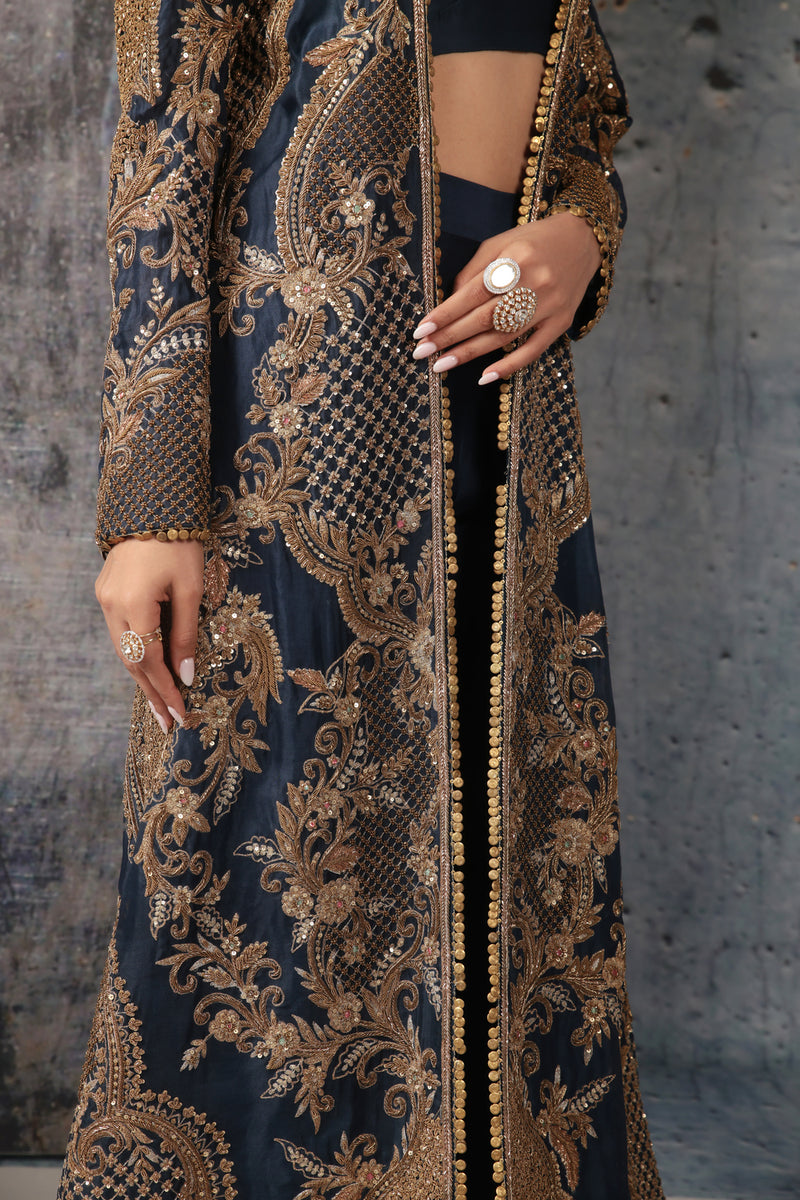 Zar-Rang Blue Long Jacket Set organza, silk tencel indowestern by Niti Bothra in blue for women Worldwide
