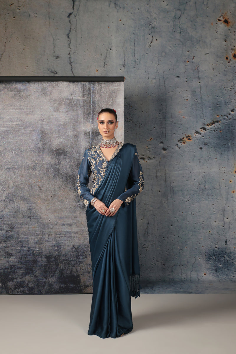 Zar-Rang Blue Jacket Saree Set bemberg satin, organza sarees by Niti Bothra in blue for women Worldwide