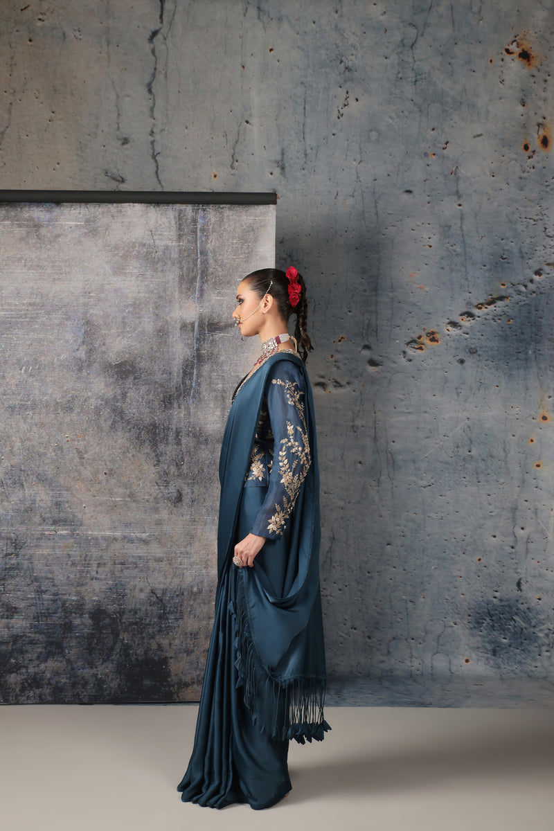 Zar-Rang Blue Jacket Saree Set bemberg satin, organza sarees by Niti Bothra in blue for women Worldwide