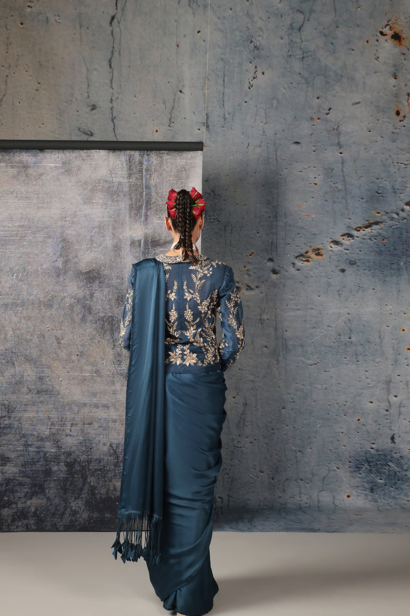 Zar-Rang Blue Jacket Saree Set bemberg satin, organza sarees by Niti Bothra in blue for women Worldwide