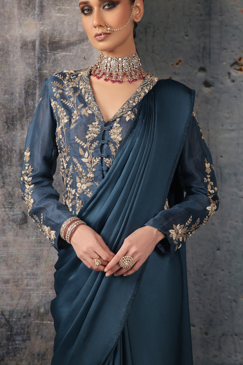 Zar-Rang Blue Jacket Saree Set bemberg satin, organza sarees by Niti Bothra in blue for women Worldwide