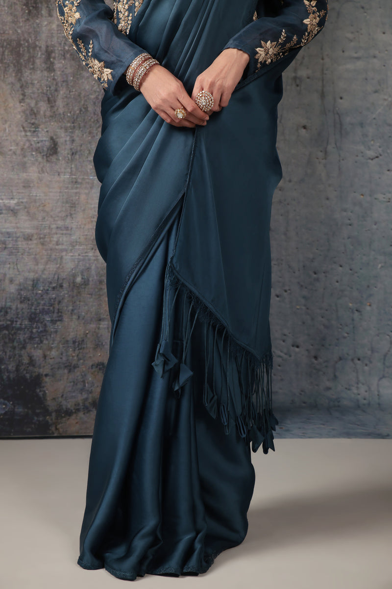 Zar-Rang Blue Jacket Saree Set bemberg satin, organza sarees by Niti Bothra in blue for women Worldwide
