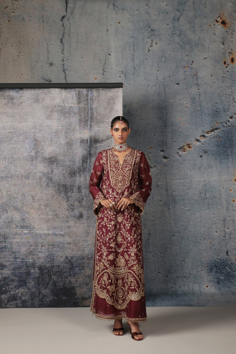 Zar-Rang Wine Long Jaal Kurta Set organza, silk tencel kurta/kurta set by Niti Bothra in wine for women Worldwide