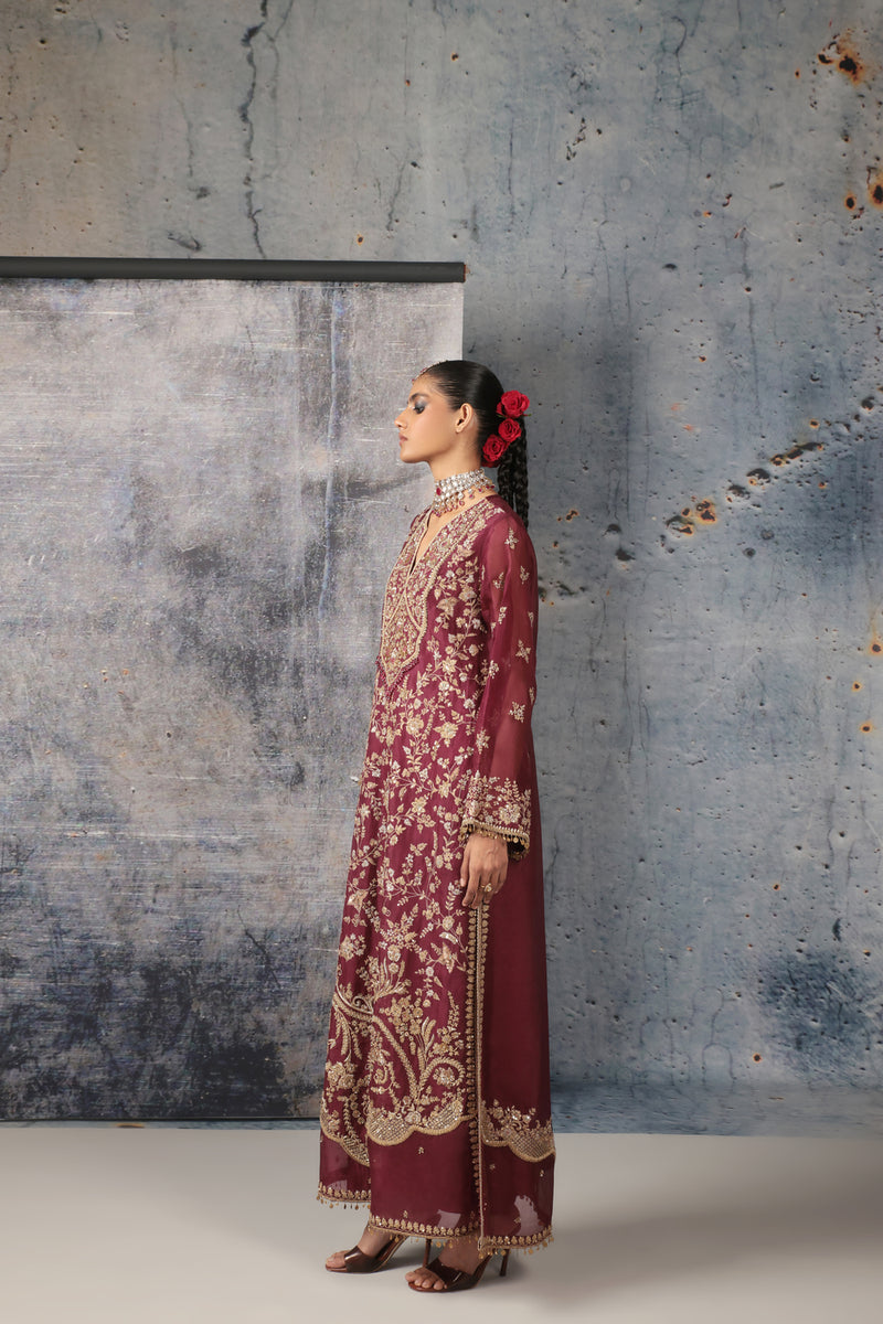 Zar-Rang Wine Long Jaal Kurta Set organza, silk tencel kurta/kurta set by Niti Bothra in wine for women Worldwide