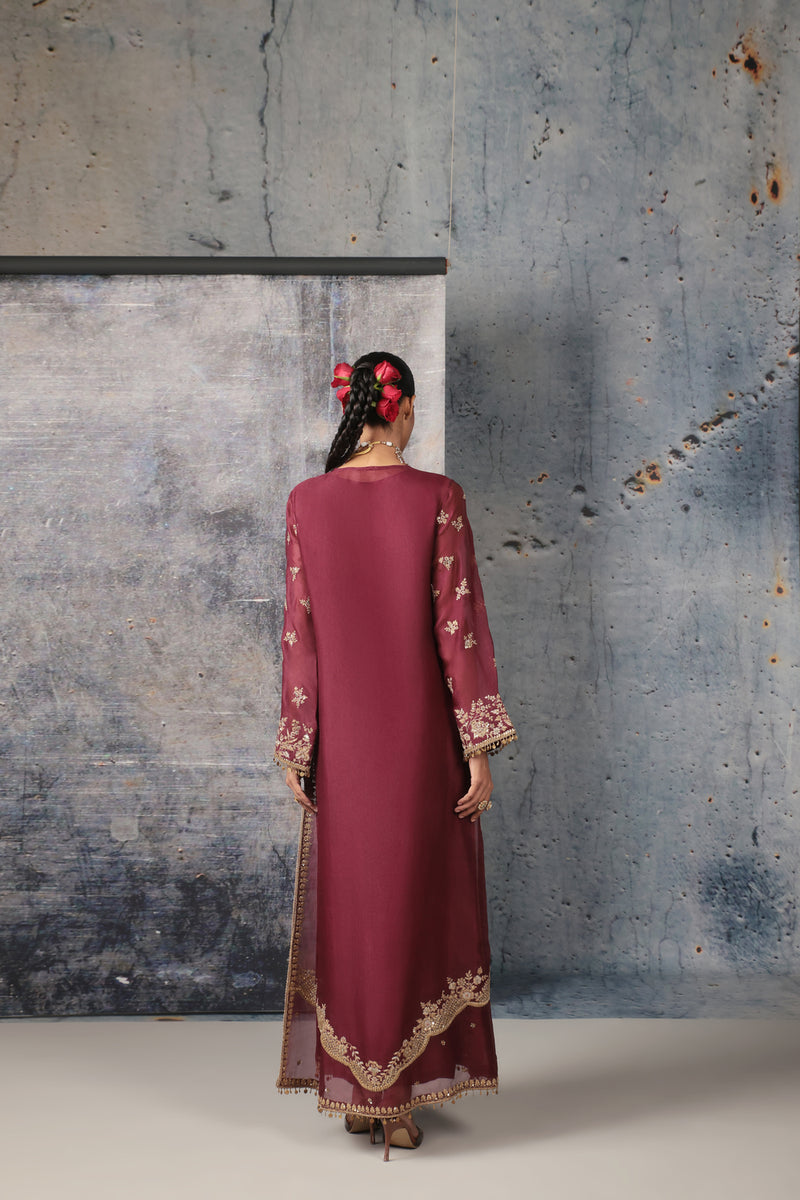 Zar-Rang Wine Long Jaal Kurta Set organza, silk tencel kurta/kurta set by Niti Bothra in wine for women Worldwide