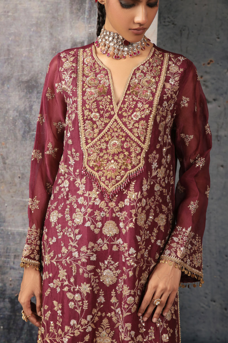 Zar-Rang Wine Long Jaal Kurta Set organza, silk tencel kurta/kurta set by Niti Bothra in wine for women Worldwide