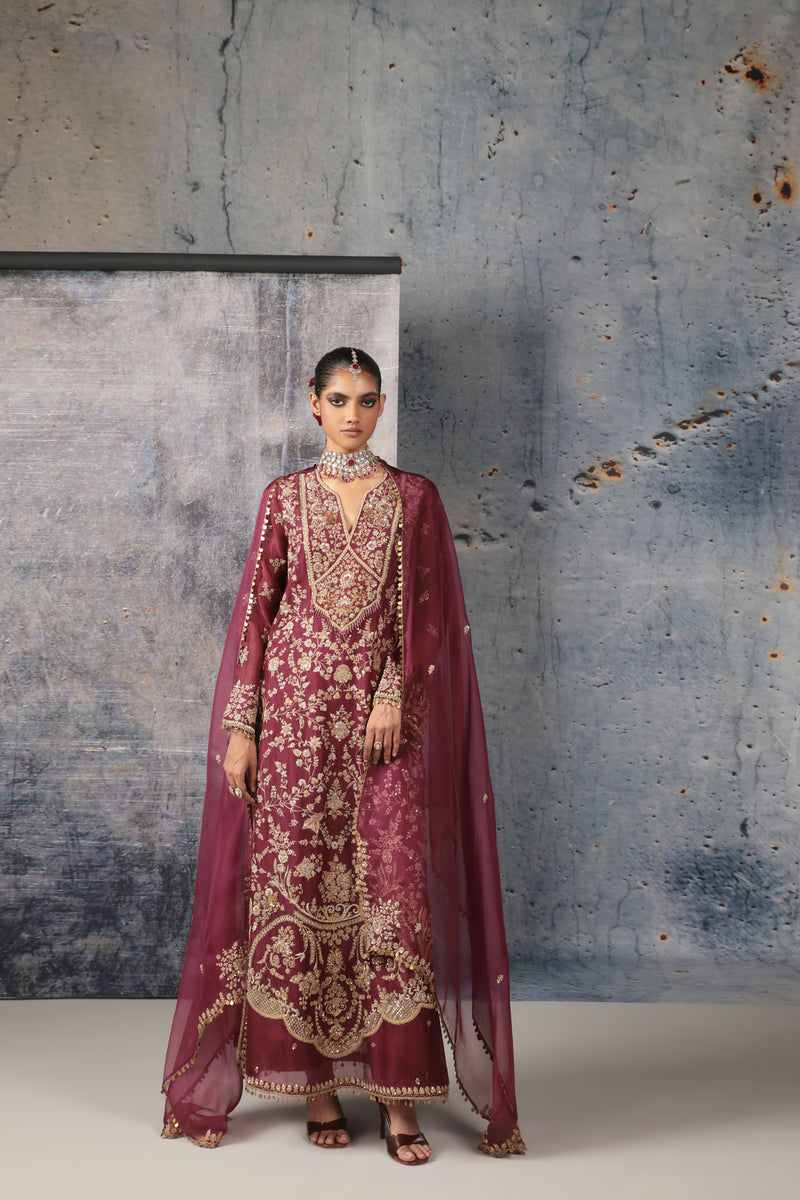 Zar-Rang Wine Long Jaal Kurta Set organza, silk tencel kurta/kurta set by Niti Bothra in wine for women Worldwide