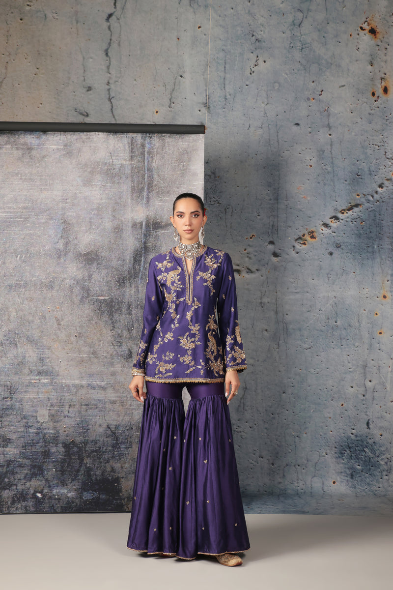 Zar-Rang Purple Jaal Sharara Set silk chanderi kurta/kurta set by Niti Bothra in purple for women Worldwide